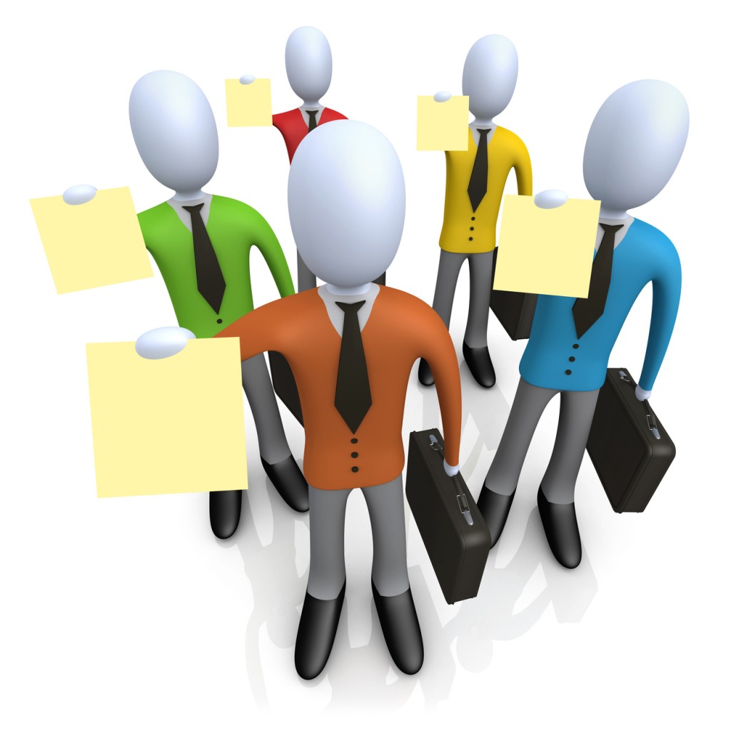 Clipart Illustration of a Group Of Businessmen In Colorful Shirts, Carrying Briefcases And Holding Their Resumes Up At A Job Interview